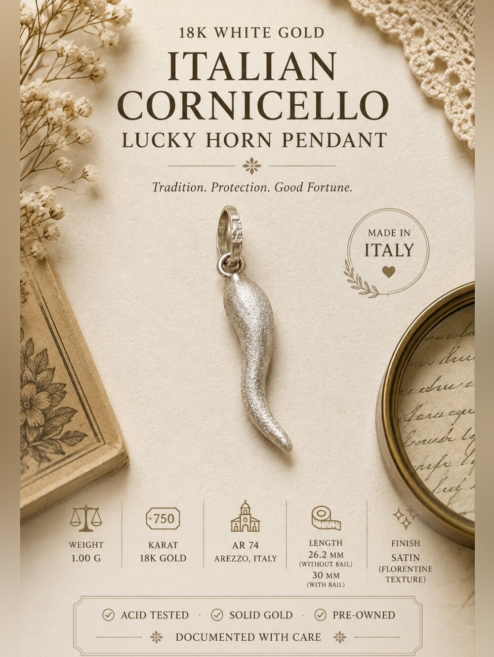 18K White Gold Italian Cornicello Lucky Horn Pendant | AR 74 Arezzo Italy • 1g